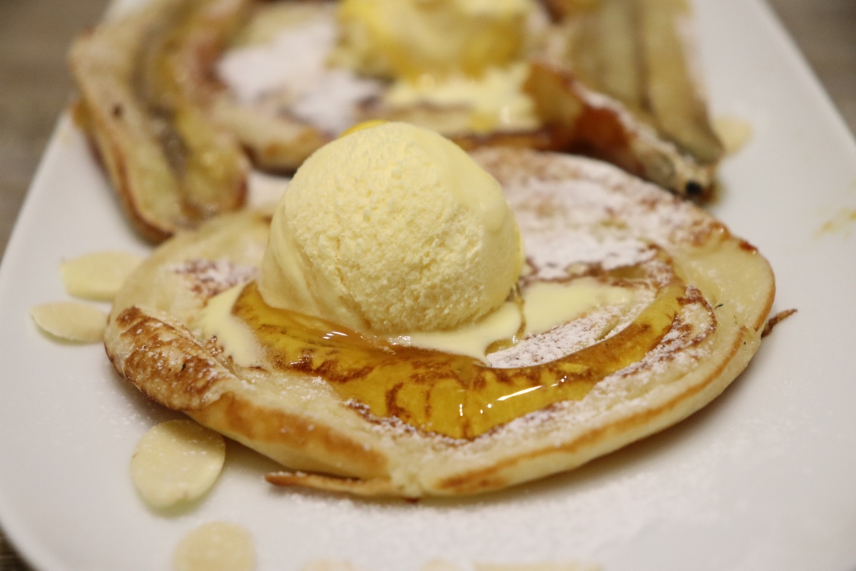 Roasted Bananas, Almond Pancakes,  and Golden Syrup